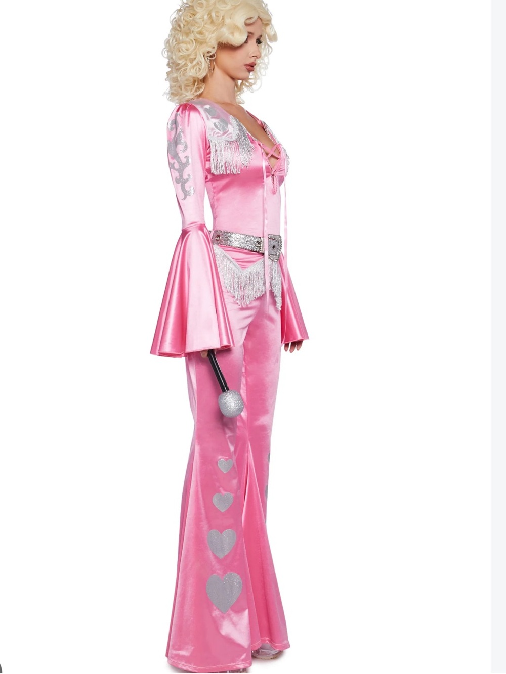 Dolls Kill Dolly Parton costume & wig Satin Bell-Sleeve Jumpsuit w/ Fringe NWT S